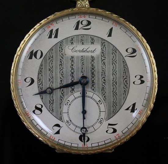 An engine turned 14ct gold Cortebert keyless open face dress pocket watch,